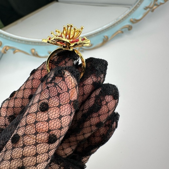 Anthropologie Blossom Gold Pink Floral Crystal Stainless Steel Adjustable Ring - Picture 11 of 17